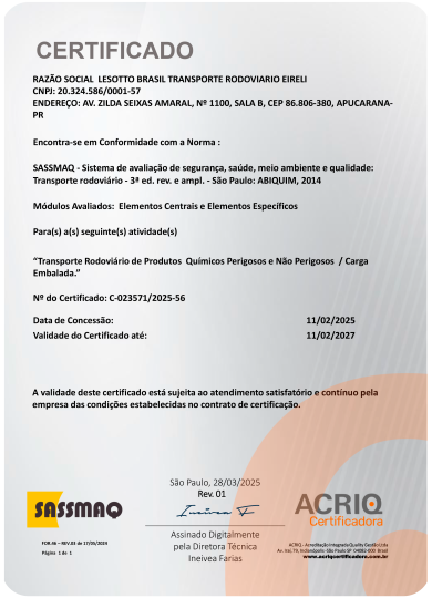 Prévia do Certificado SASSMAQ da Lesotto